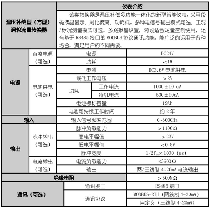 气体涡轮流量计技术参数